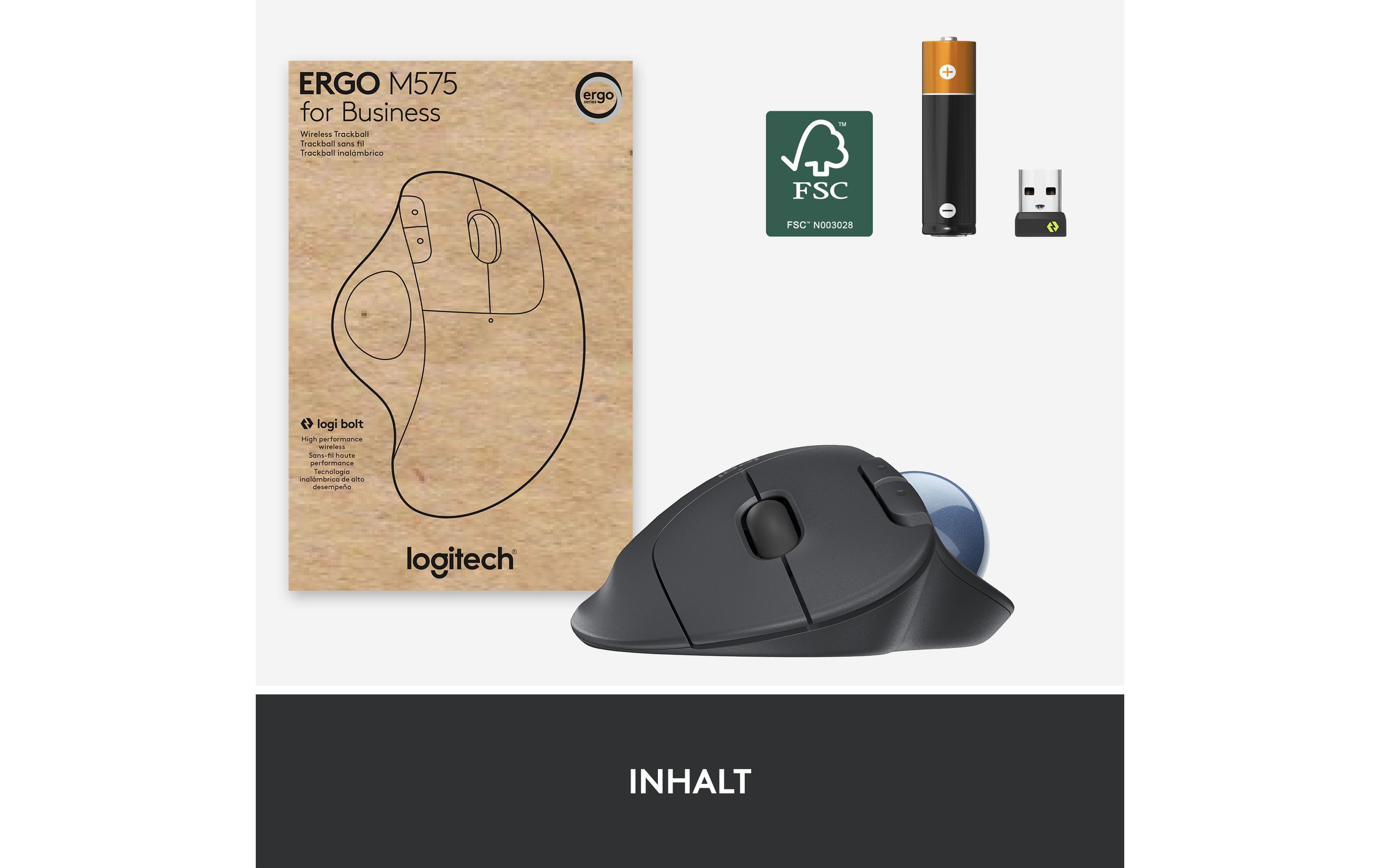 Trackball Ergo M575 for Business GraphiteKabelloser, ergonomischer Trackball mit Logi Bolt Empfänger
