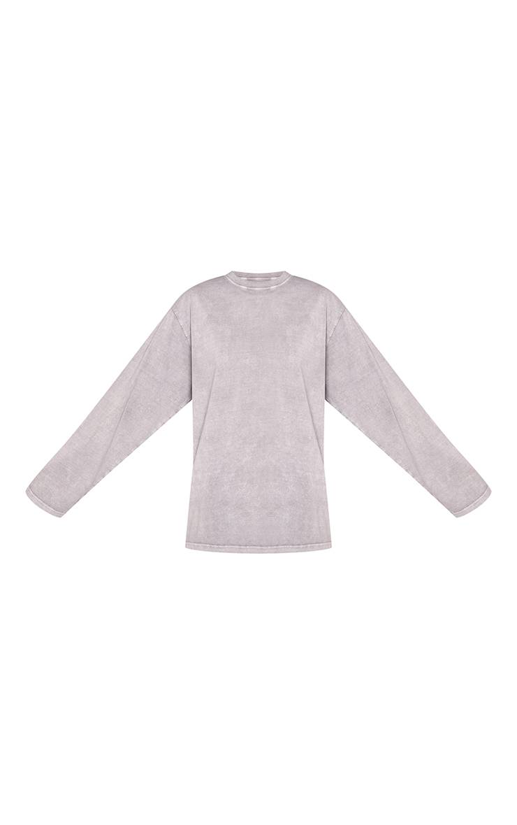 Gris T-shirt Oversize En Coton Délavé À L'acide À Manches Longues