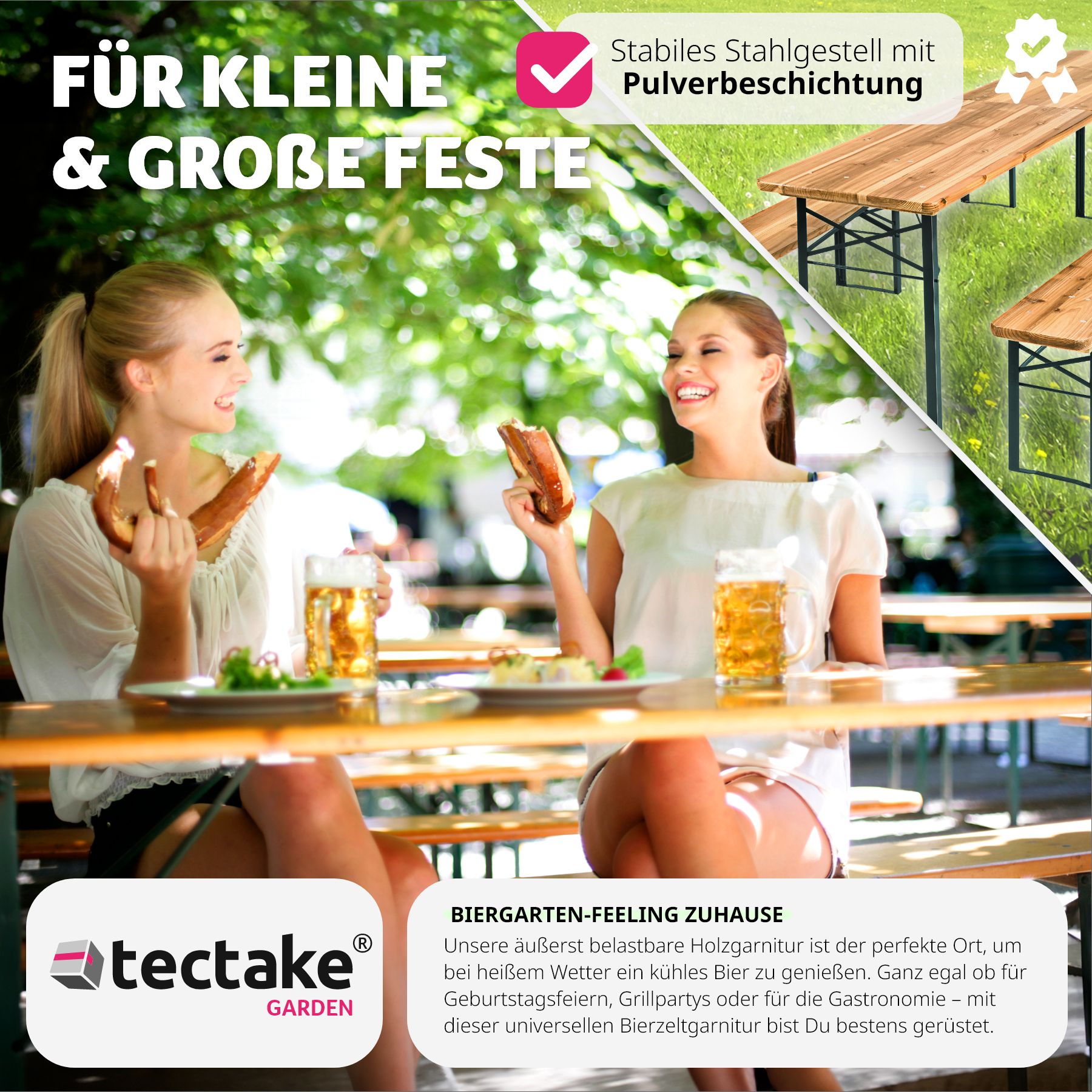 tectake® Bierzeltgarnitur, 3-teilig, belastbar, Holzlackierung mit Klarlack