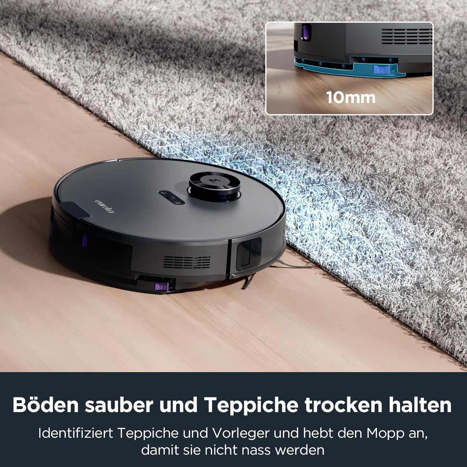 EUREKA E10s 2.Gen Saug- & Wischroboter + beutelloser Multi-Zyklon-Absaugstation (4000Pa, auto Teppicherkennung, auto Mop Lifting, LiDAR-Navigation, ideal gegen Tierhaare, App-/Sprachsteuerung) schwarz