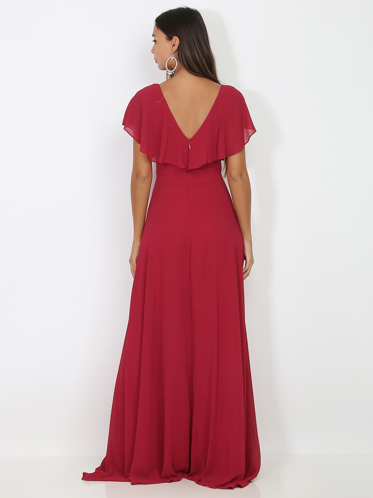 Robe longue décolleté à volants- Cerise