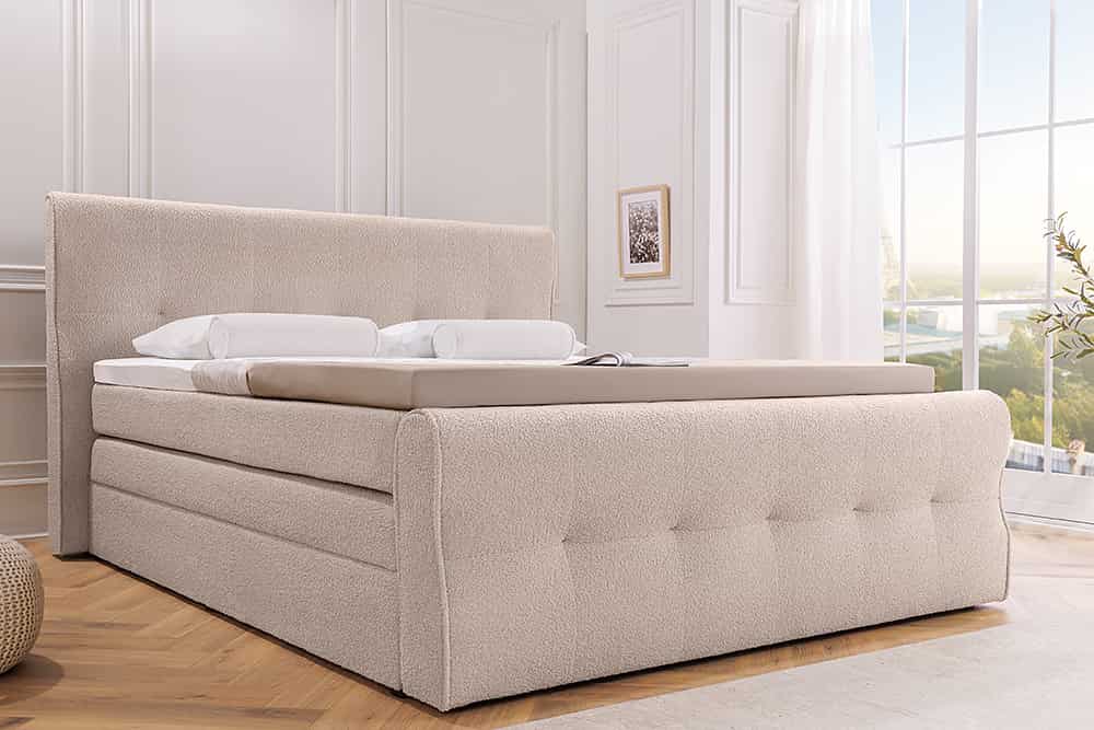 Boxspringbett SIGNUM 180x200cm beige Bouclé inkl. Stauraum Matratze Topper Matratze