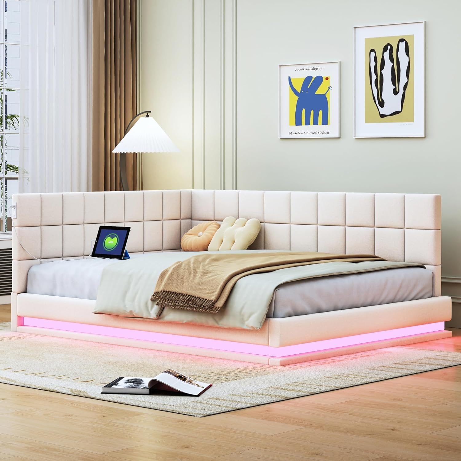 okwish Schlafsofa Daybett 140x200cm mit Lattenrost und LED Lichtleiste, Tagesbett Polsterbett mit USB Steckdose, Kinderbett Jugendbett (Ohne Matratze)- Beige