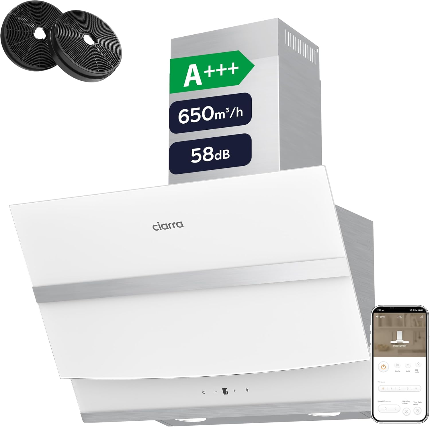 CIARRA A+++ ASW6736N Dunstabzugshaube 60 cm Umluft Abluft 650 m³/h App Gesteuert Touch-Bedienung Kopffreie Schräghaube 3 Stufen Booster CBCF003 Aktivkohlefilter Edelstahl Glas Weiß