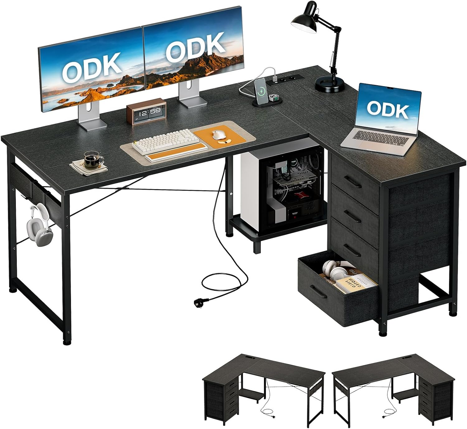 ODK Eckschreibtisch mit 4 Schubladen, 135×100 cm Schreibtisch L Form mit Steckdose und USB-Ladeanschluss, Reversibler Schreibtisch mit Stauraum für Homeoffice und Gaming, Schwarz