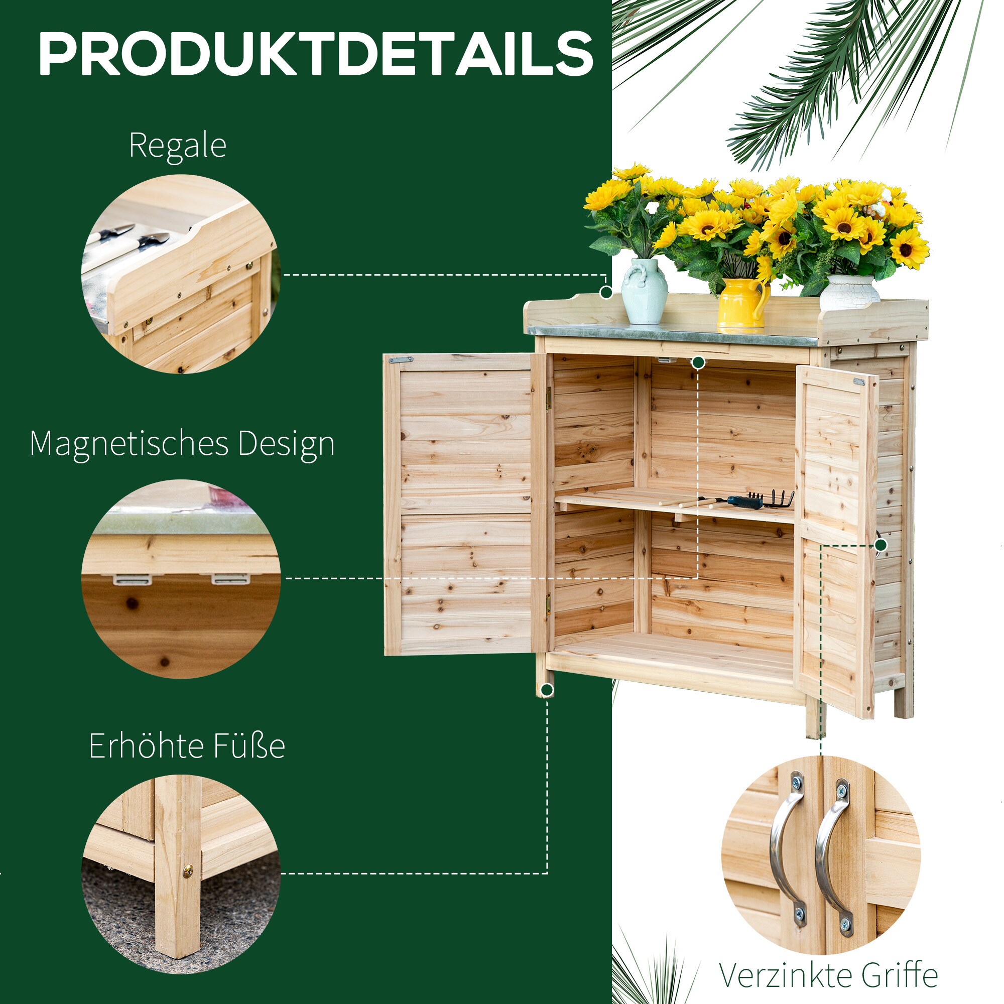 Outsunny Gartenschrank mit verzinkten Griffen und erhöhtem Rand natur 83B x 40T x 92H cm