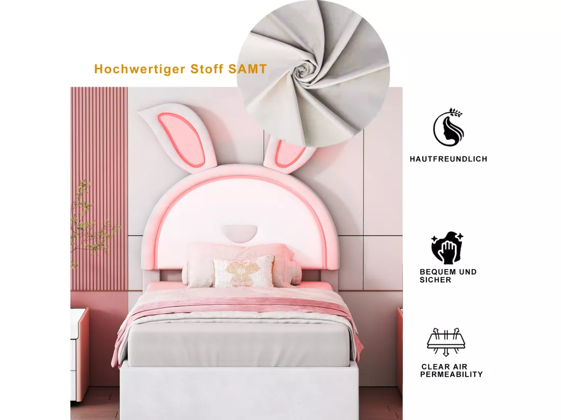 Lit gigogne 90x200+90x190cm, lit enfant capitonné en tissu velours, avec tiroir de rangement, tête de lit LED avec oreilles de lapin, beige