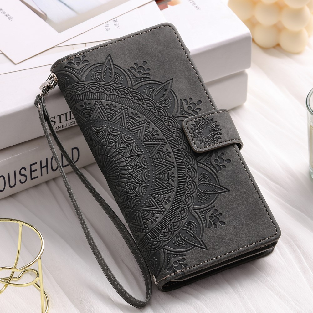 iPhone 15 Leder Tasche Flip Cover mit Reissverschluss - Mandala Flowers Imprint - Grau