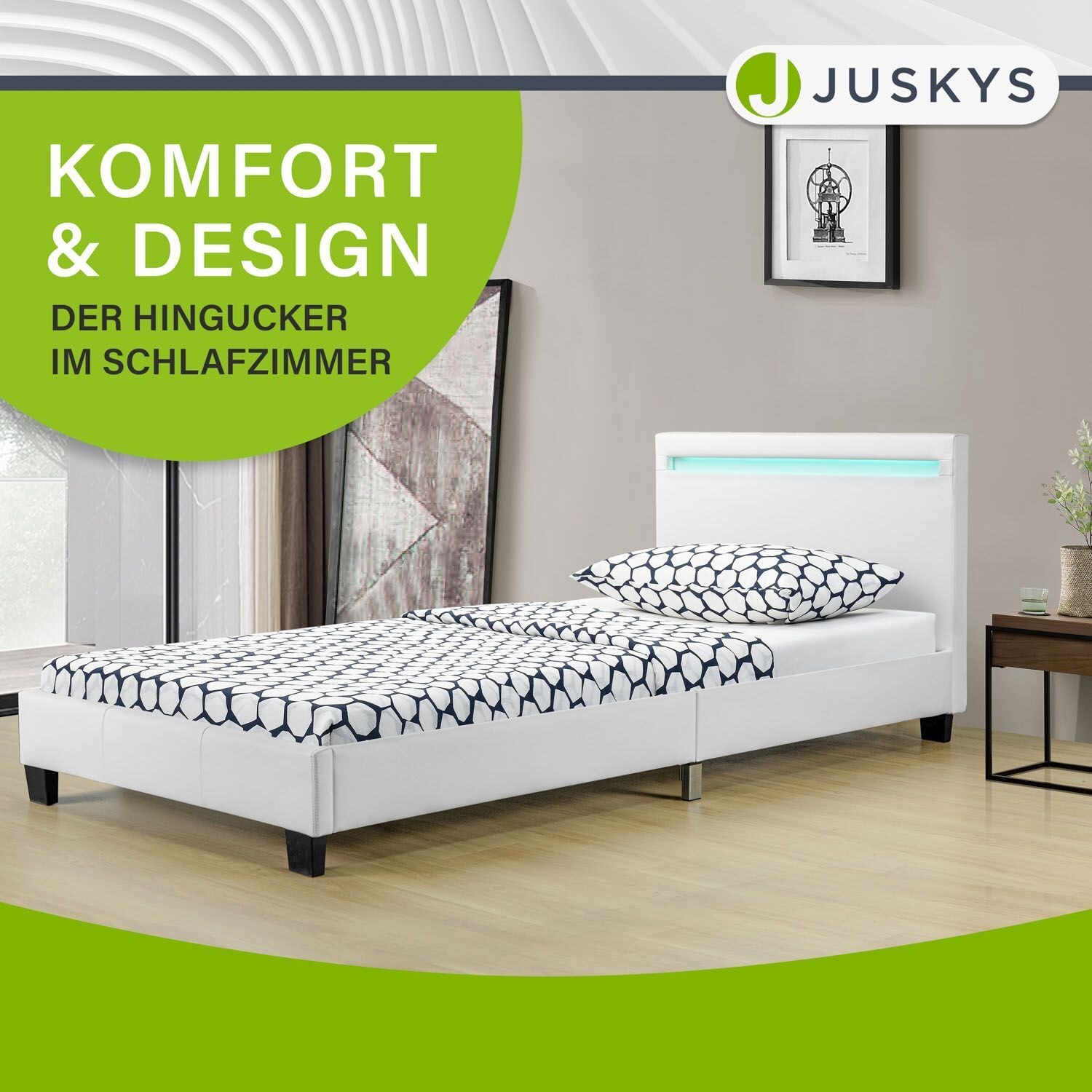 Juskys Polsterbett Verona 90x200 cm weiß mit Matratze – Einzelbett + LED-Beleuchtung & Lattenrost