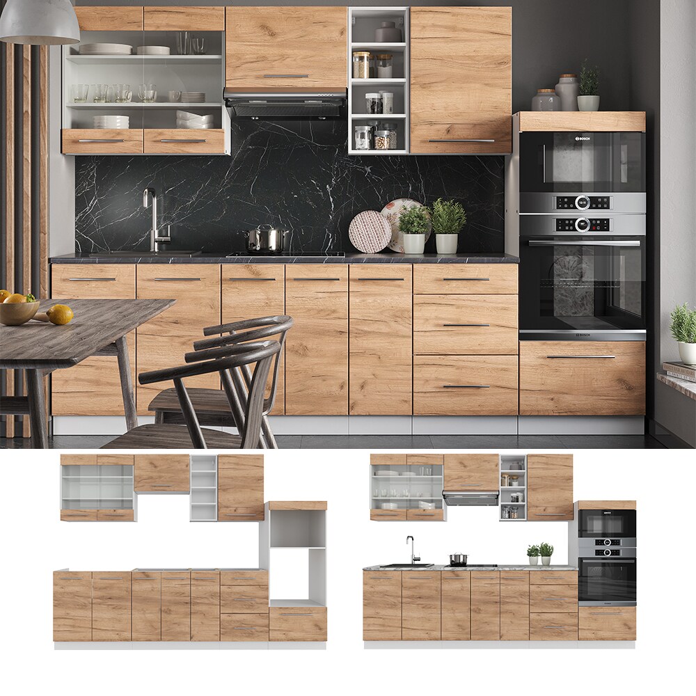 Vicco Küchenzeile Küchenblock Einbauküche Fame-Line Weiß Eiche 280 cm modern Küchen Schränke Spülenunterschrank Unterschrank Schubunterschrank Hängeschrank Mikrowellenschrank Apothekerunterschrank