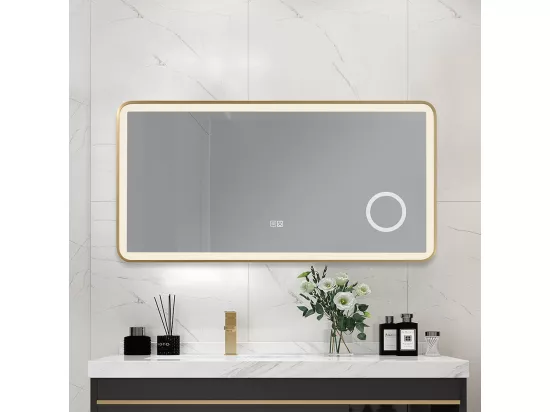 Miroir salle de bain LED 110x60cm anti buée avec cadre en aluminium doré et loupe x3 LB-4685G