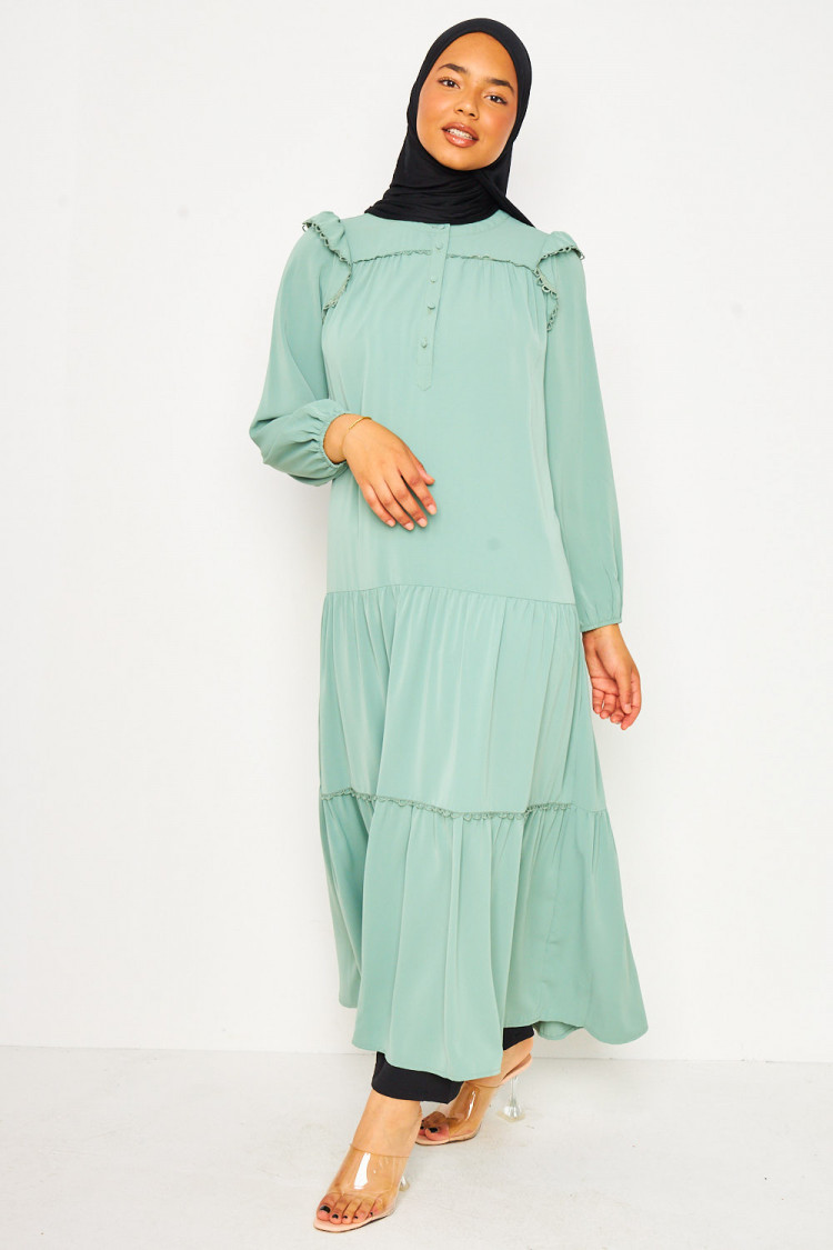 Abaya longue vert clair à détails crochet
