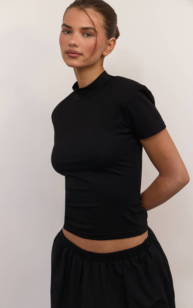 Noir T-shirt En Coton Col Montant À Épaulettes