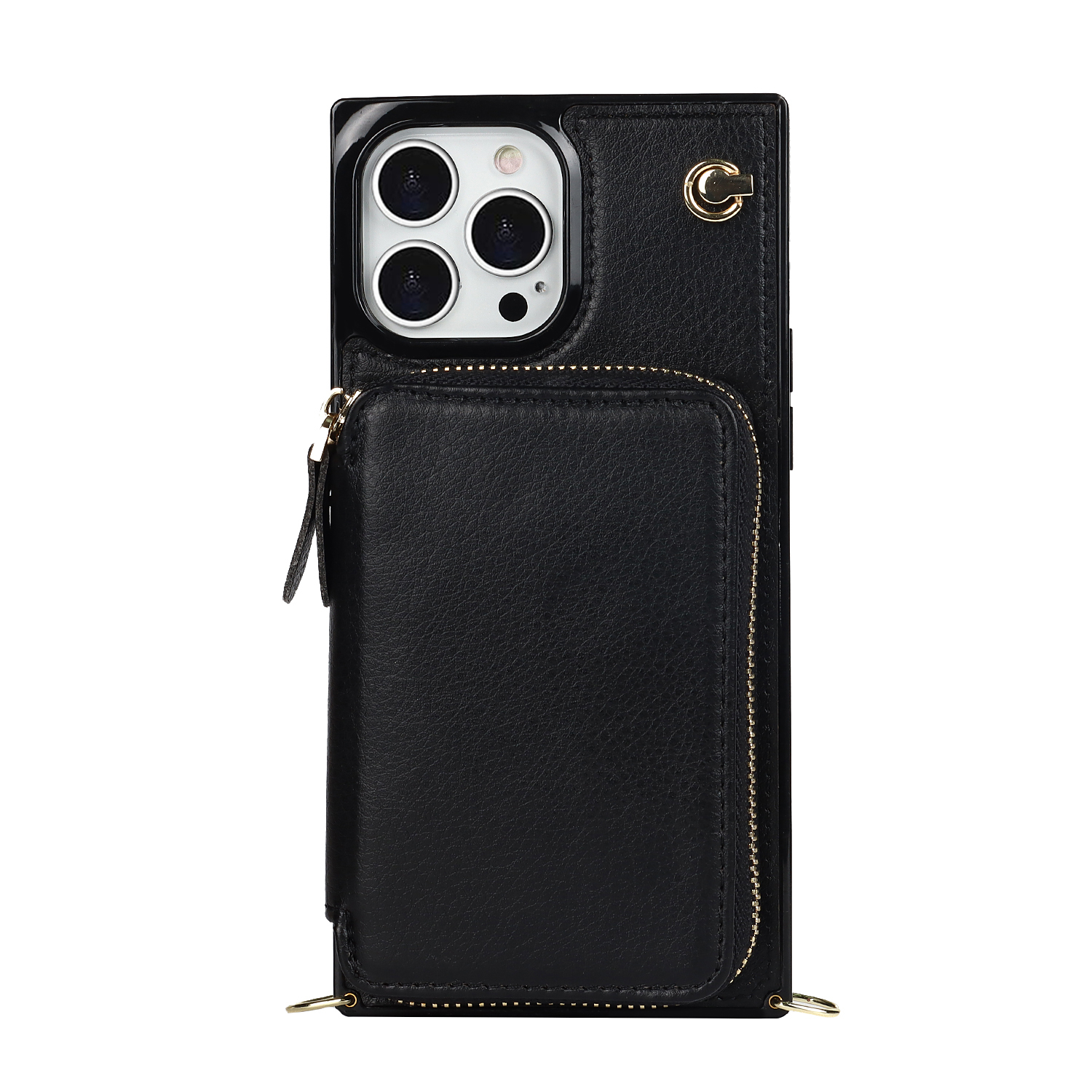 iPhone 13 Pro Necklace Leder Schutz Hülle mit Kartenfächer   Handykette (140cm) - Schwarz