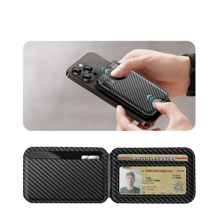HaloLock Magnetische MagSafe iPhone Echtleder Wallet Kreditkarten Halterung in Carbon Optik   Kickstand Aufsteller - Schwarz