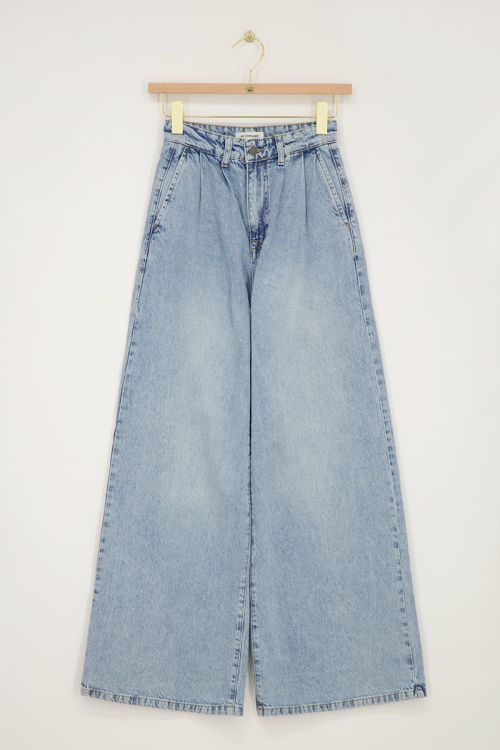 Blauwe denim wide leg jeans met plooien
