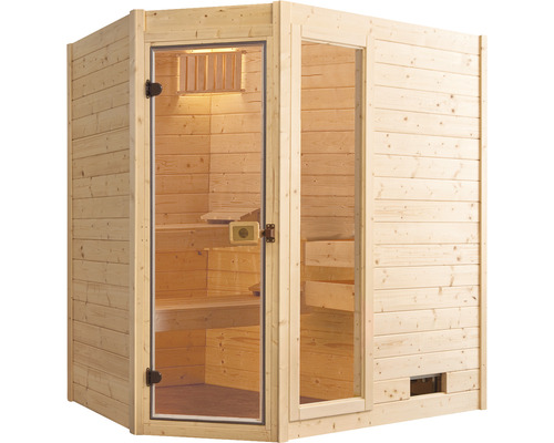 Massief houten sauna Weka Valida hoek GTF maat 1 incl. 5,4 kW kachel en digitale bediening met venster en volledig glazen deur van helder glas