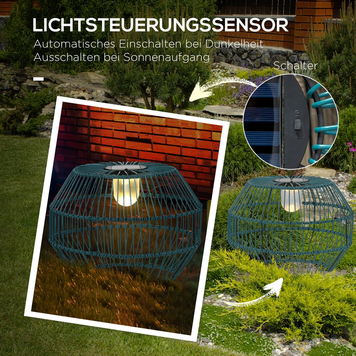 Outsunny solarlamp, 45L x 45B x 31H cm, staal, PE rotan, blauwgroen