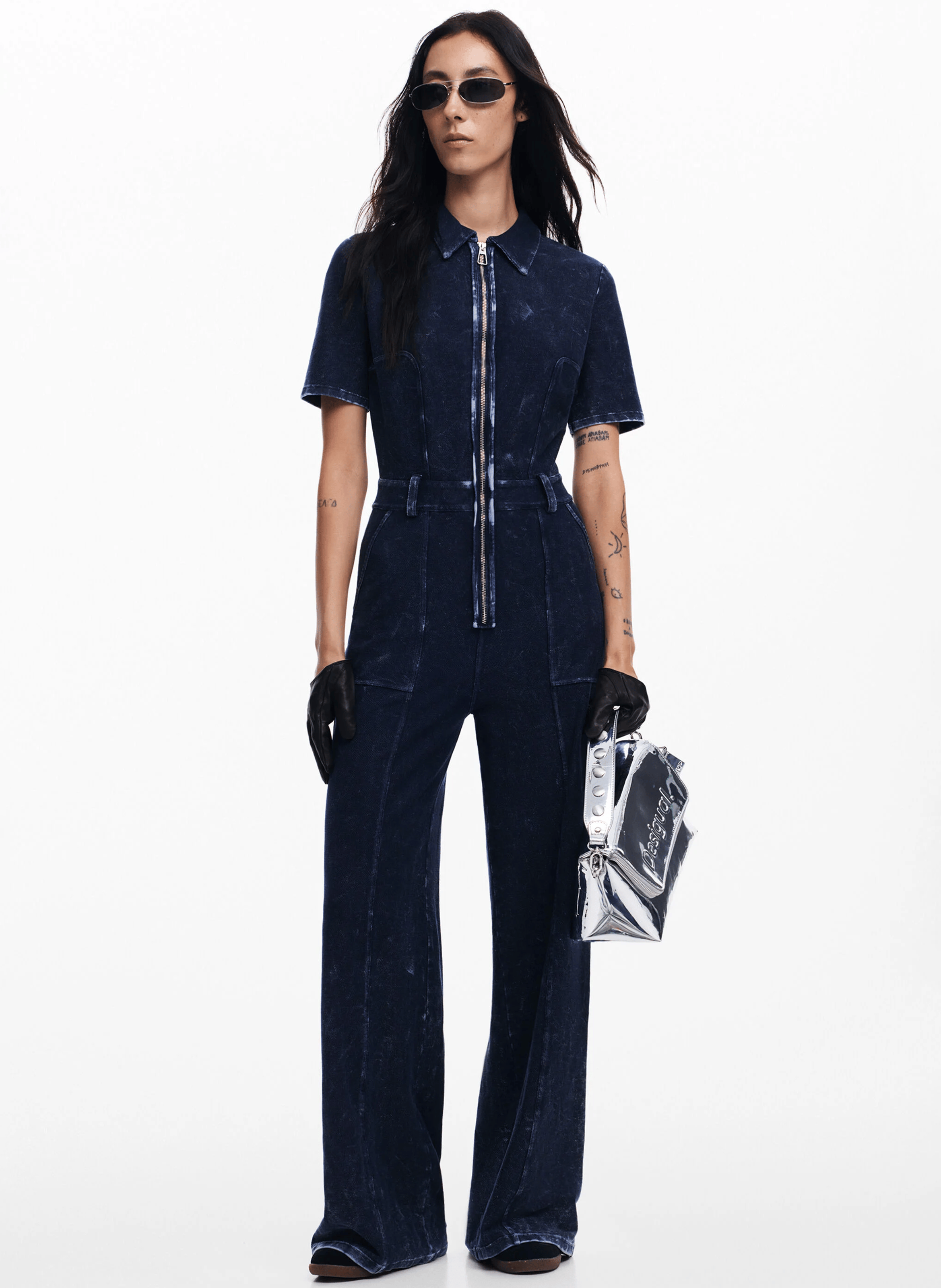 Combinaison col classique en denim de coton mélangé | Bleu