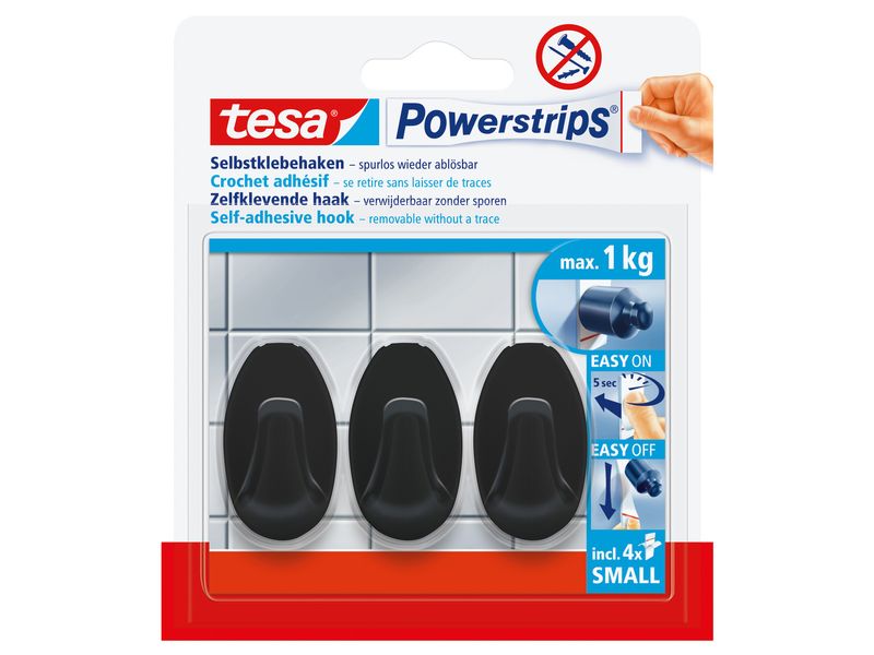 tesa Klebehaken Powerstrips Small Oval, Schwarz Ovaler Haken zum Aufhängen von leichten Gegenständen