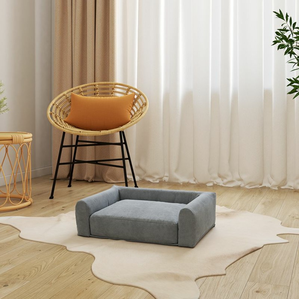 Panier pour chien leonard en tissu velours côtelé gris taille s