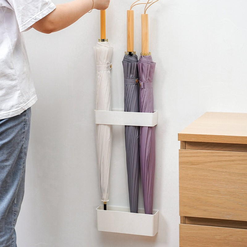(2-tlg. Set) Wand Schirmständer Selbstklebender Home Regenschirm Halter mit Abtropfschale - Beige