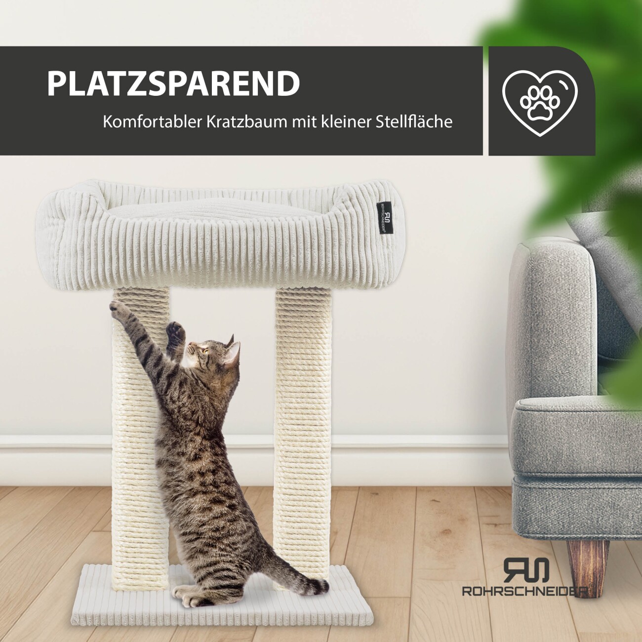 Rohrschneider ® moderner Kratzbaum, Kratzsäulen aus Vollholz, Katzenbett mit Wendekissen