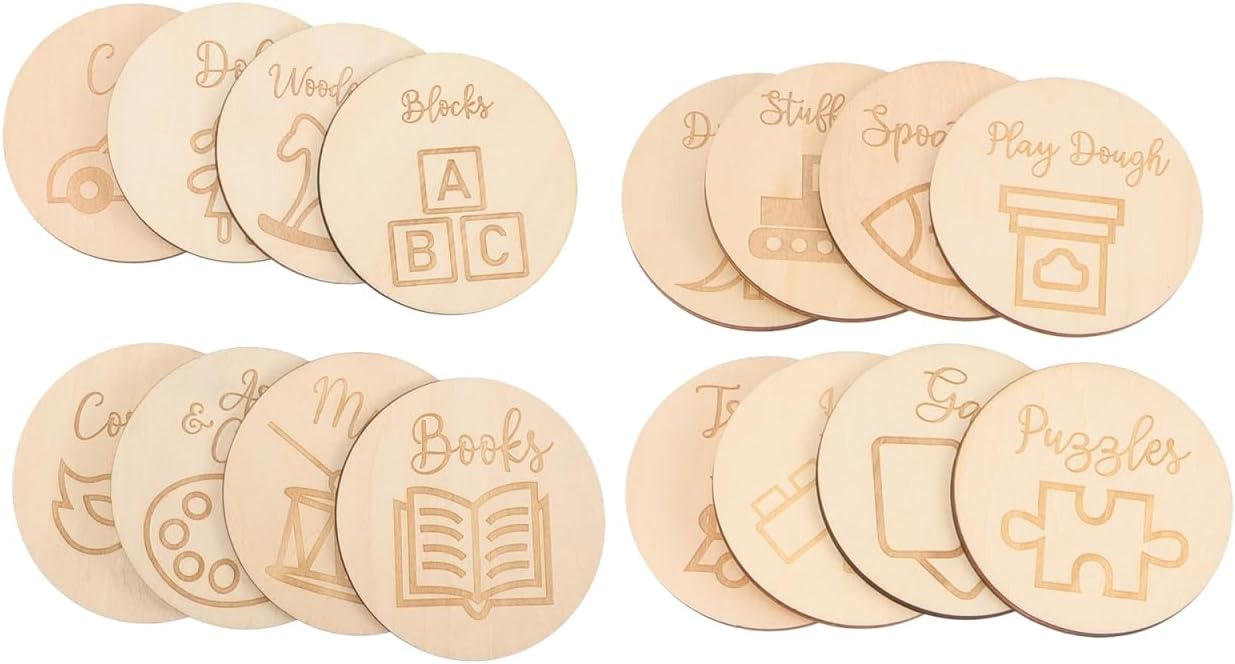 (16er Set) Selbstklebende Holz Schilder Organzier Etiketten Spielzeug Kennzeichnung mit Gravur für Kinderzimmer - Braun