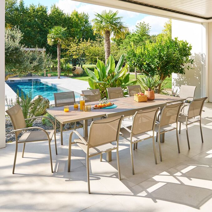 Ensemble table de jardin extensible PIAZZA  + 10 chaises PIAZZA Truffe & Café