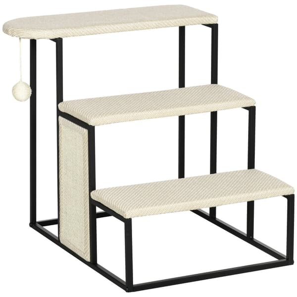 Pet Stairs 3-Trinns Kattetrapper Hundetrapper Med Skrapebrett Og Hengende Lekeball Dyretrapper Stål Sisal Creme White + Black 51X54X53Cm