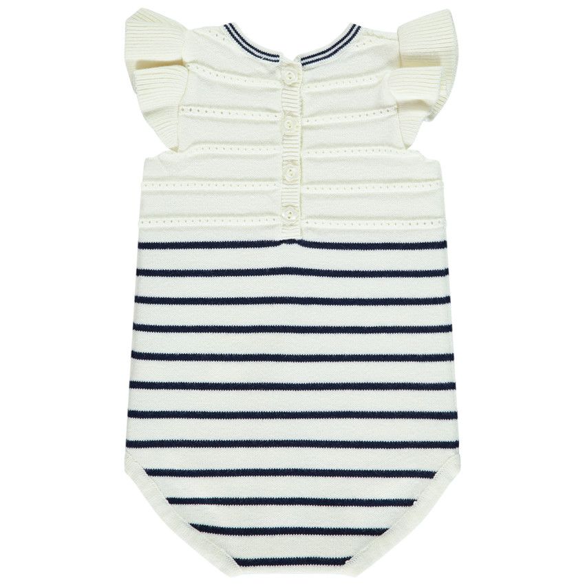 Barboteuse en tricot rayé et manches volantées pour bébé fille - Ecru