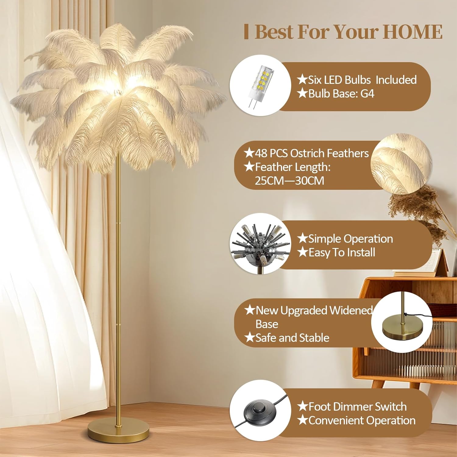 Federlampe Stehlampe Wohnzimmer, Feder Stehlampe Gold mit 3-Farbig Dimmbarem,160cm Stehlampe Federn Moderne mit Fußschalter, Kreative Studie Schlafzimmer Feder Lampe Stehleuchte (White)