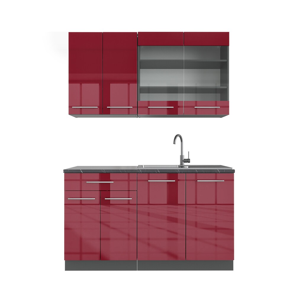 Vicco Küchenzeile Single Einbauküche 140 cm Küchen Bordeaux Hochglanz Fame-Line