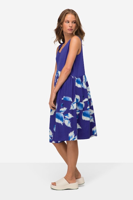 Leinenmix-Kleid, V-Ausschnitt, Rock mit Print, ärmellos