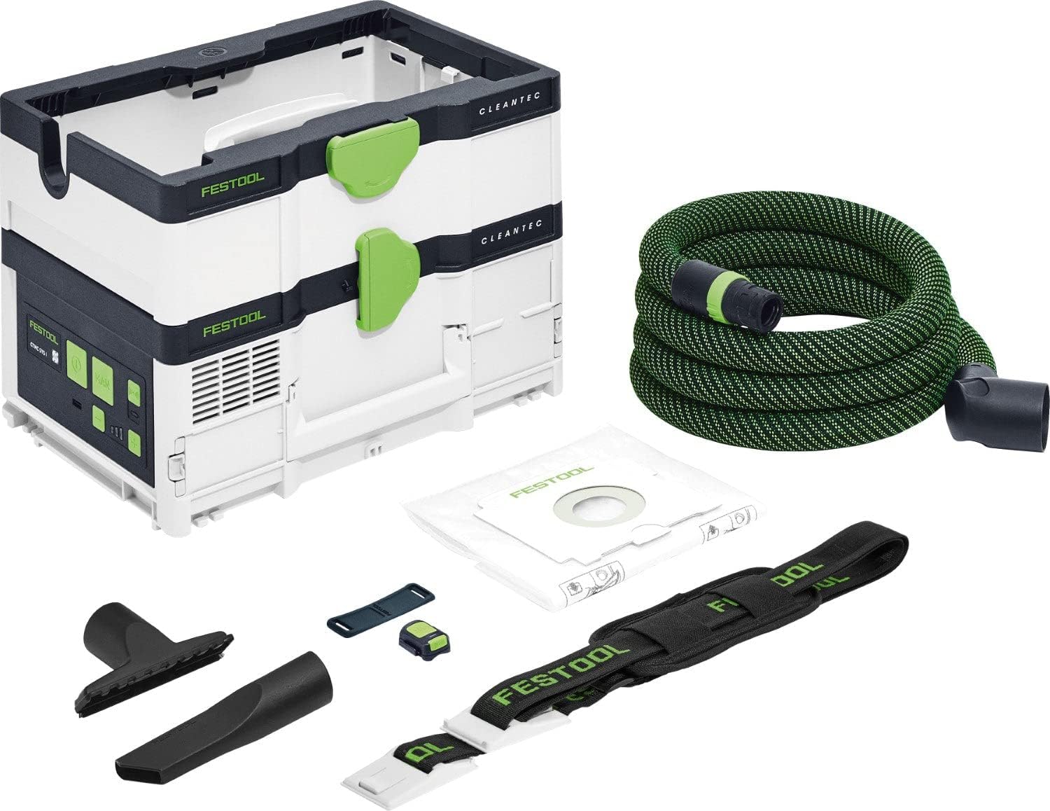 Festool Akku-Absaugmobil CTMC SYS I-Basic CLEANTEC (mit Hauptfilter, Filtersack montiert, Saugschlauch mit Winkeldrehausgleich saugerseitig, Polsterdüse, Fugendüse, Tragegurt, Sauger-Fernbedienung)