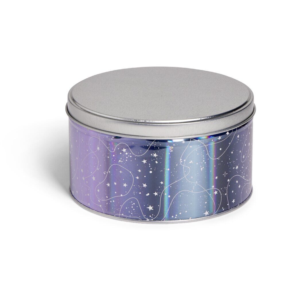 Boîte ronde en métal violet irisé et gris argenté Ø13,5xH7cm