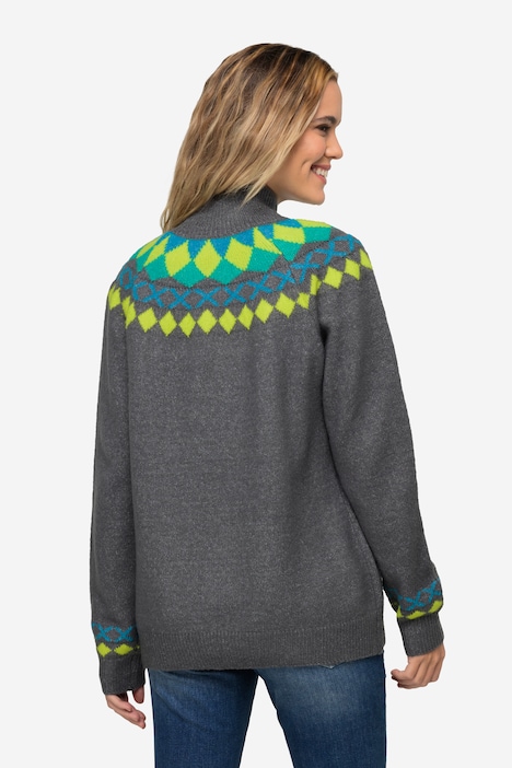 Norweger-Pullover, farbige Muster, Stehkragen, Raglan-Langarm