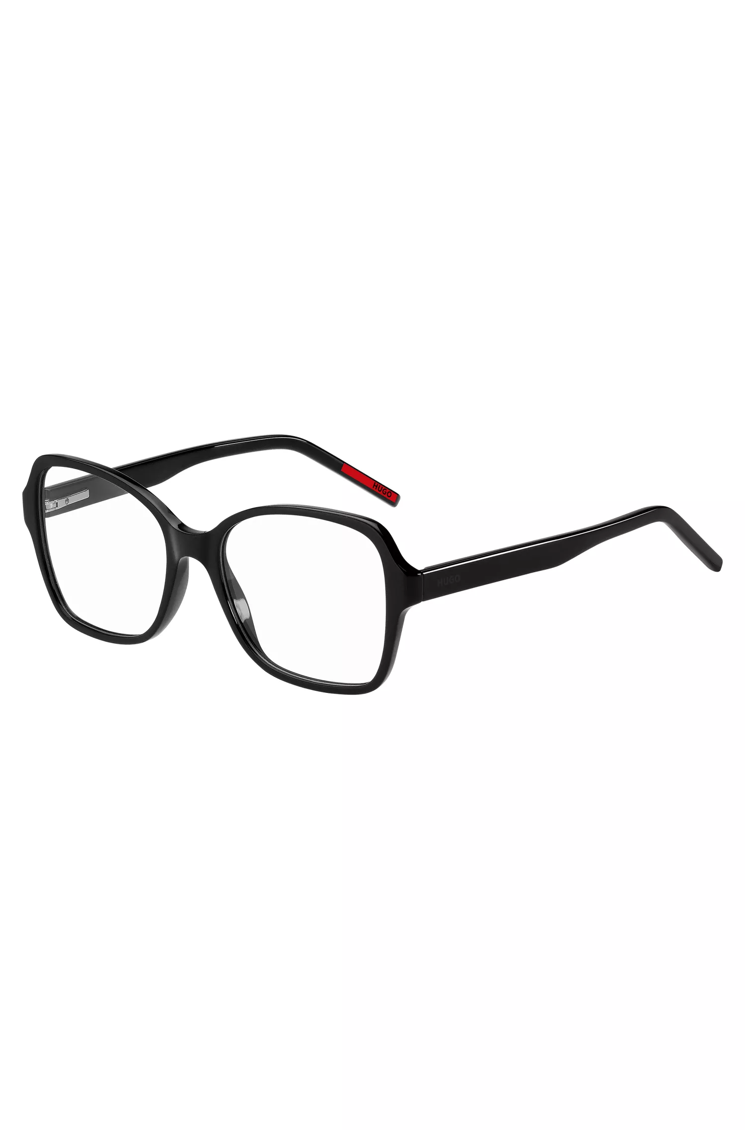 Armação de óculos HUGO em acetato vermelho e preto com hastes personalizadas.
