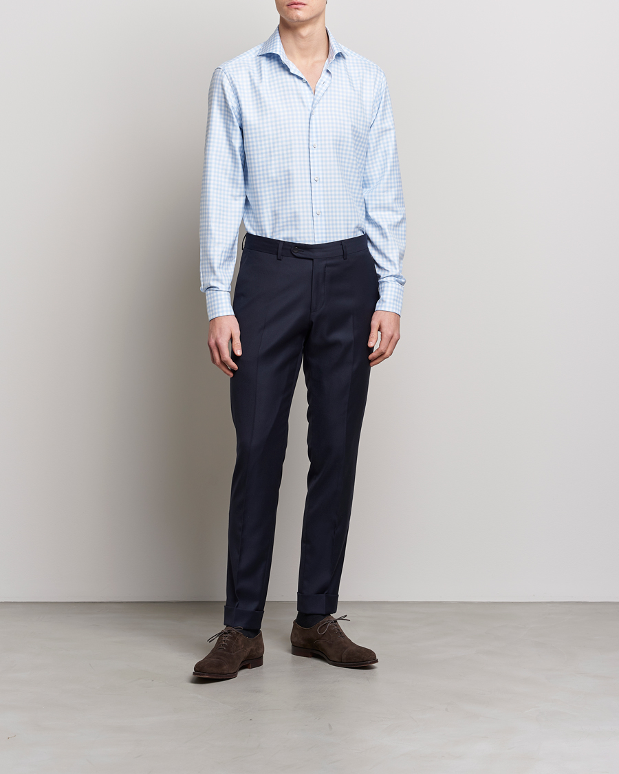 Stenströms Fitted Body Checked Cut Away Shirt Light Blue