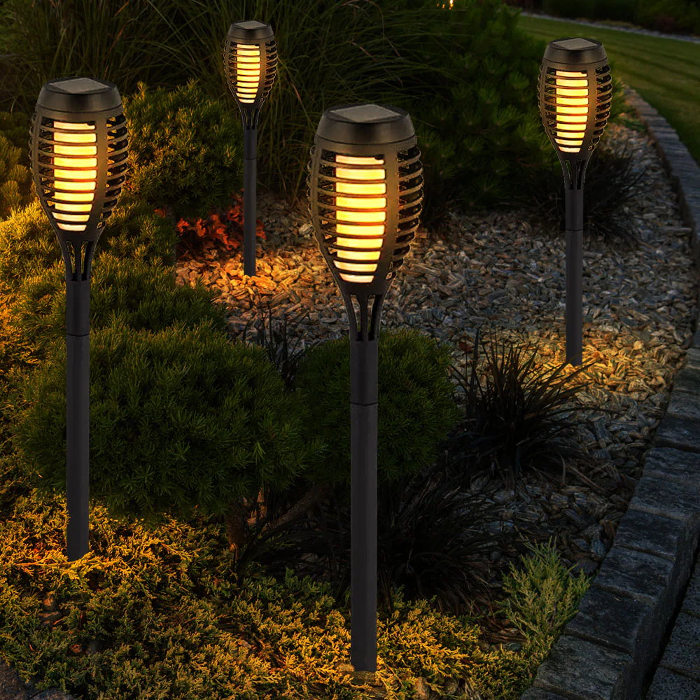 8er Set LED Solarleuchten, schwarz, Feuereffekt, H 51 cm