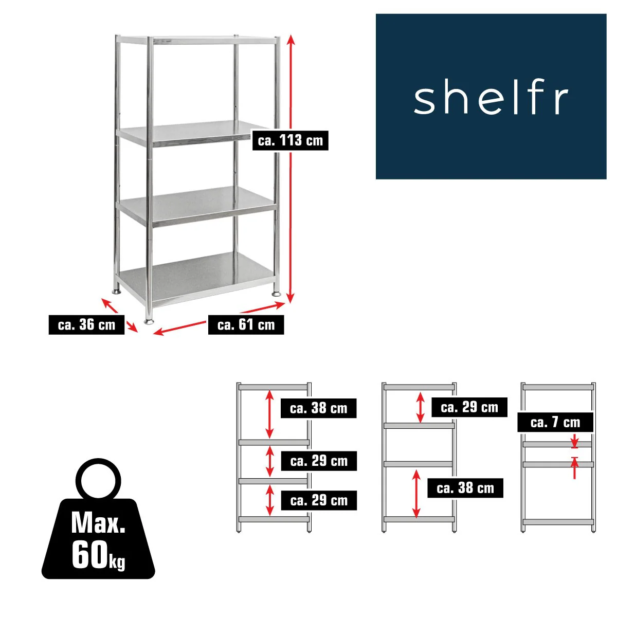 4 Ebenen Edelstahl Regal - 61x36x113 Schwerlastregal bis 60kg Metallregal Küche