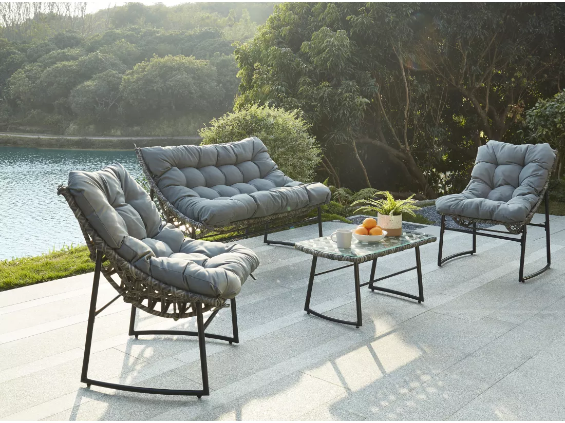 Salon de jardin en résine tressée : 1 canapé 2 places, 2 fauteuils et une table basse - Gris anthracite - JONAH de MYLIA