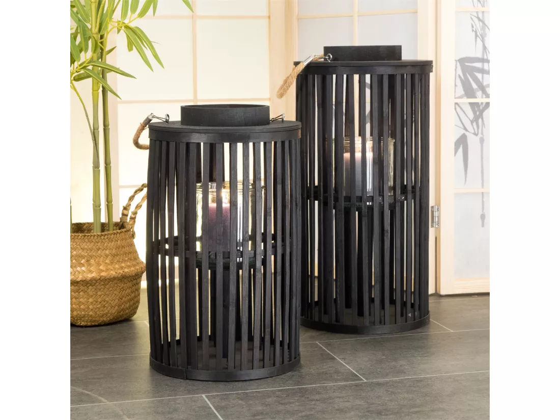 LANTERNE BODENLEUCHTER Midnight | Bambou, noir | avec insert en verre | Porte-bougie, lanterne, chandelier, décoration