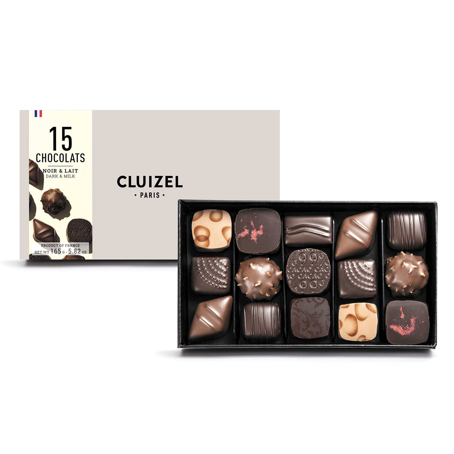 Coffret 15 chocolats noirs et laits Cluizel