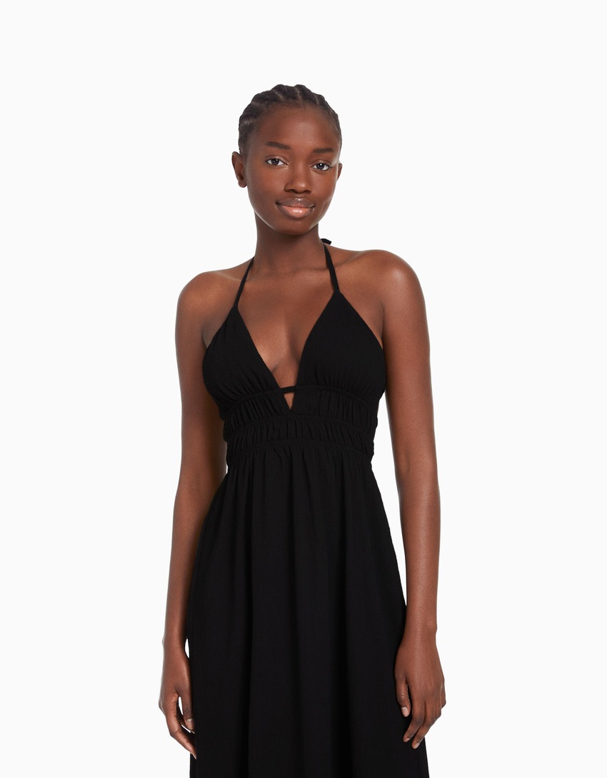 Vestido longo de crepe franzido