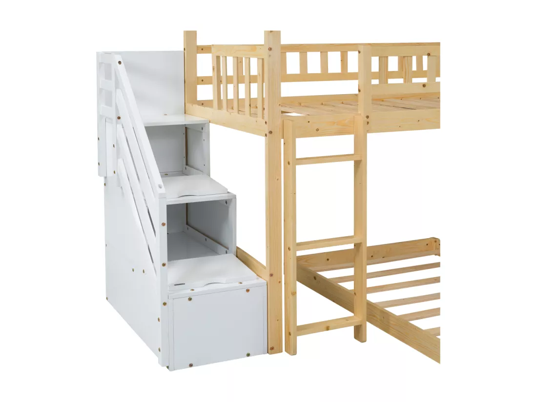 Lit superposé 2x90x200cm, lit cabane enfnat avec toboggan,avec 3 escaliers de rangement, cadre en bois, naturel+blanc