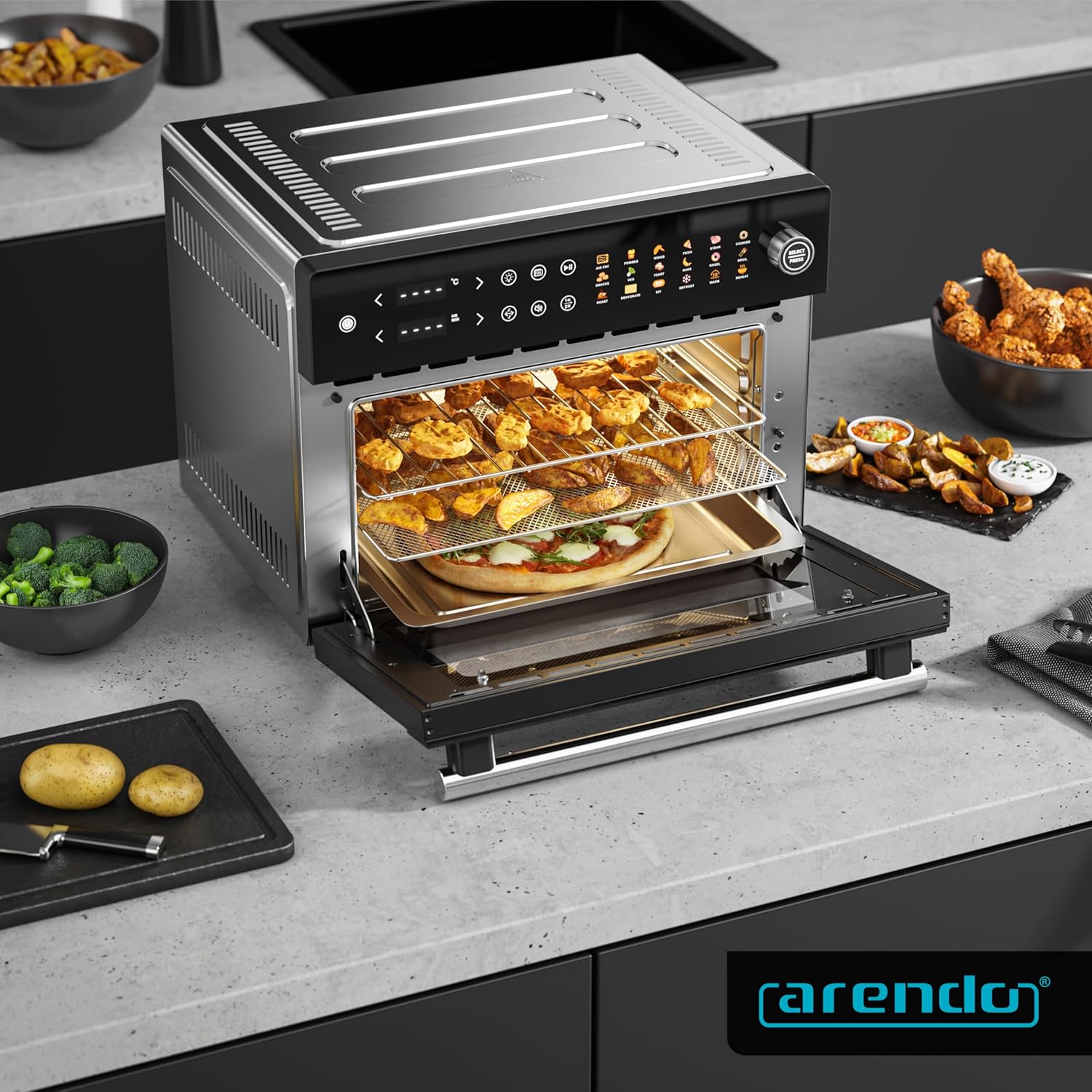 Arendo - Minibackofen 30l - Heißluftfritteuse 30 Liter - Edelstahl - Multifunktionsofen Umluft - mini Backofen Airfreyer XXL - 1800 Watt - Ofen mit 18 Programme - großer Innenraum mit 4 Ebenen