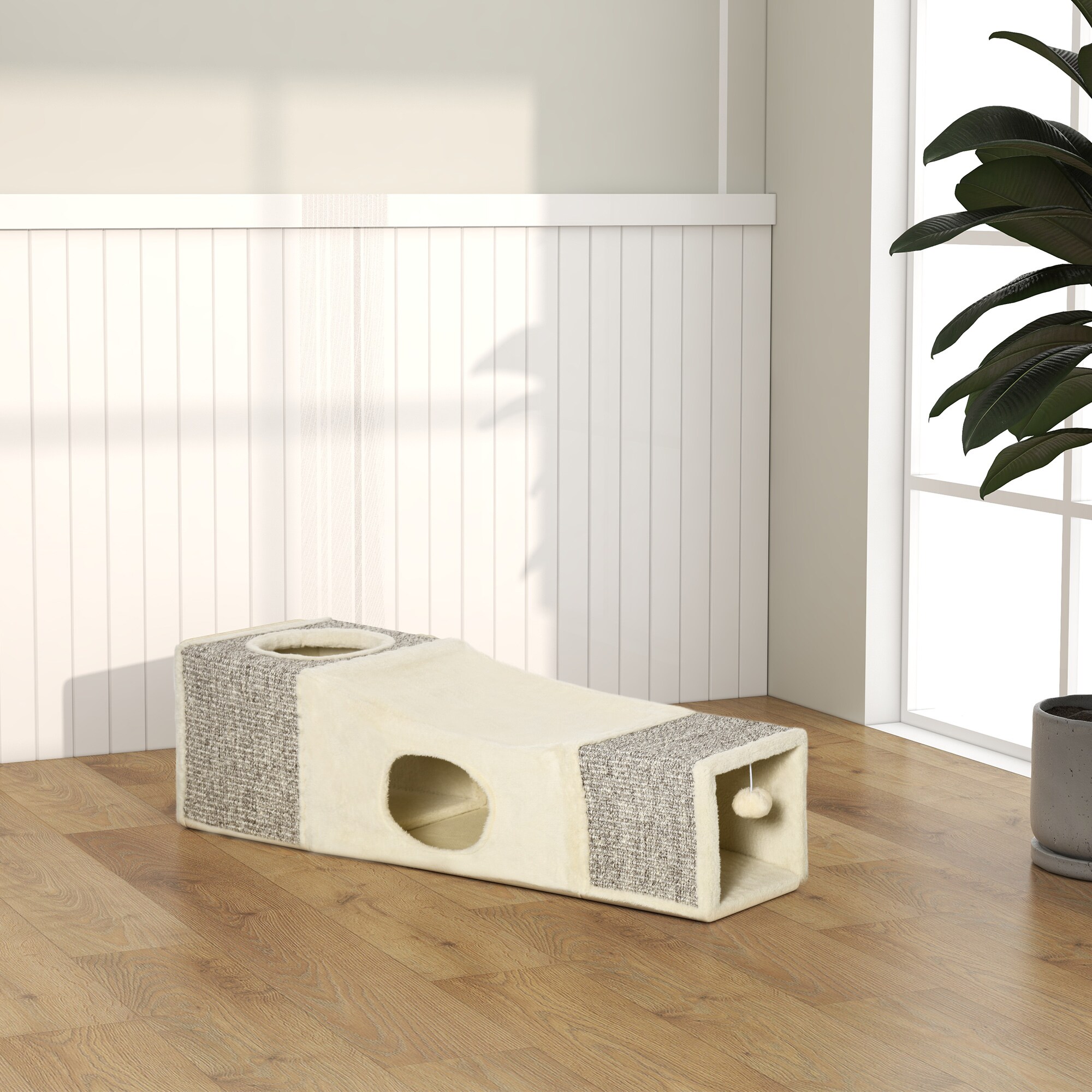 PawHut Katzentunnel mit Spielball grau, natur 98L x 30B x 30H cm