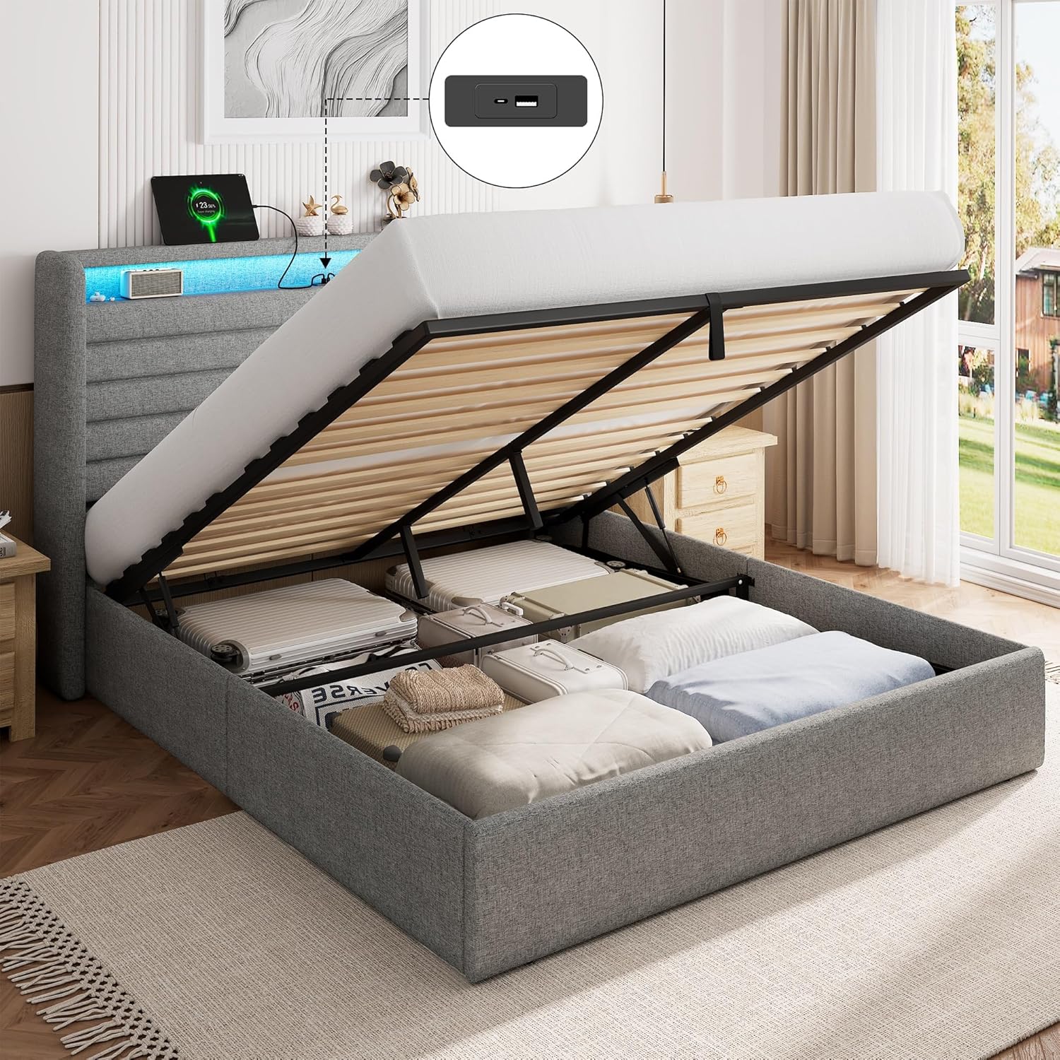 FEONASE Bett 140x200 mit Stauraum, Polsterbett 140x200 cm mit LED-Beleuchtung & Ladestation, Bettgestell mit Hydraulischem und Leinen Kopfteil Stauraum, Lattenrost, Ohne Matratze, Hellgrau