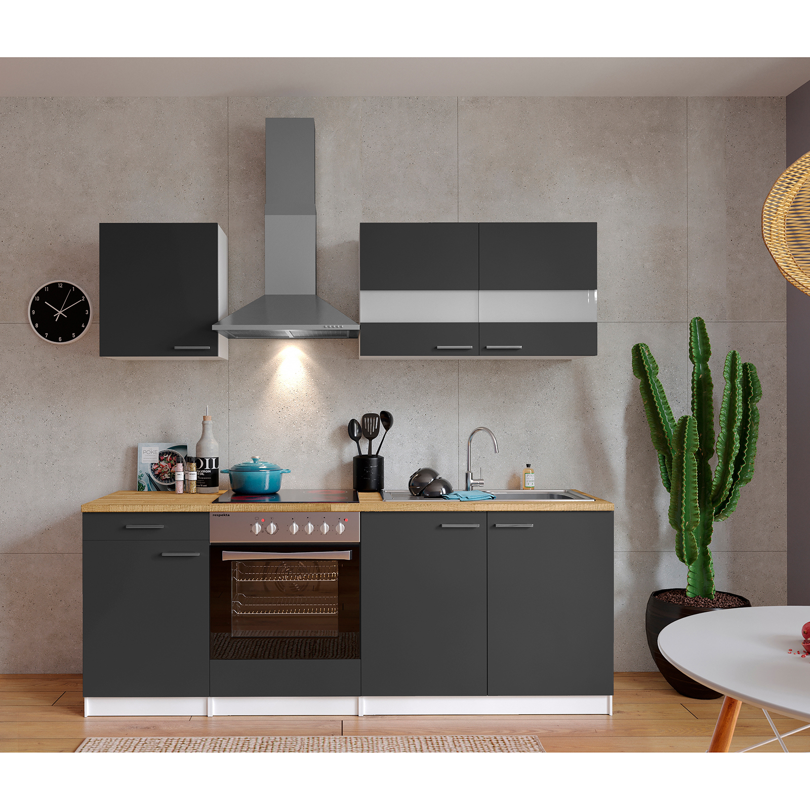 RESPEKTA Küchenblock - grau - mit E-Geräten - 210 cm